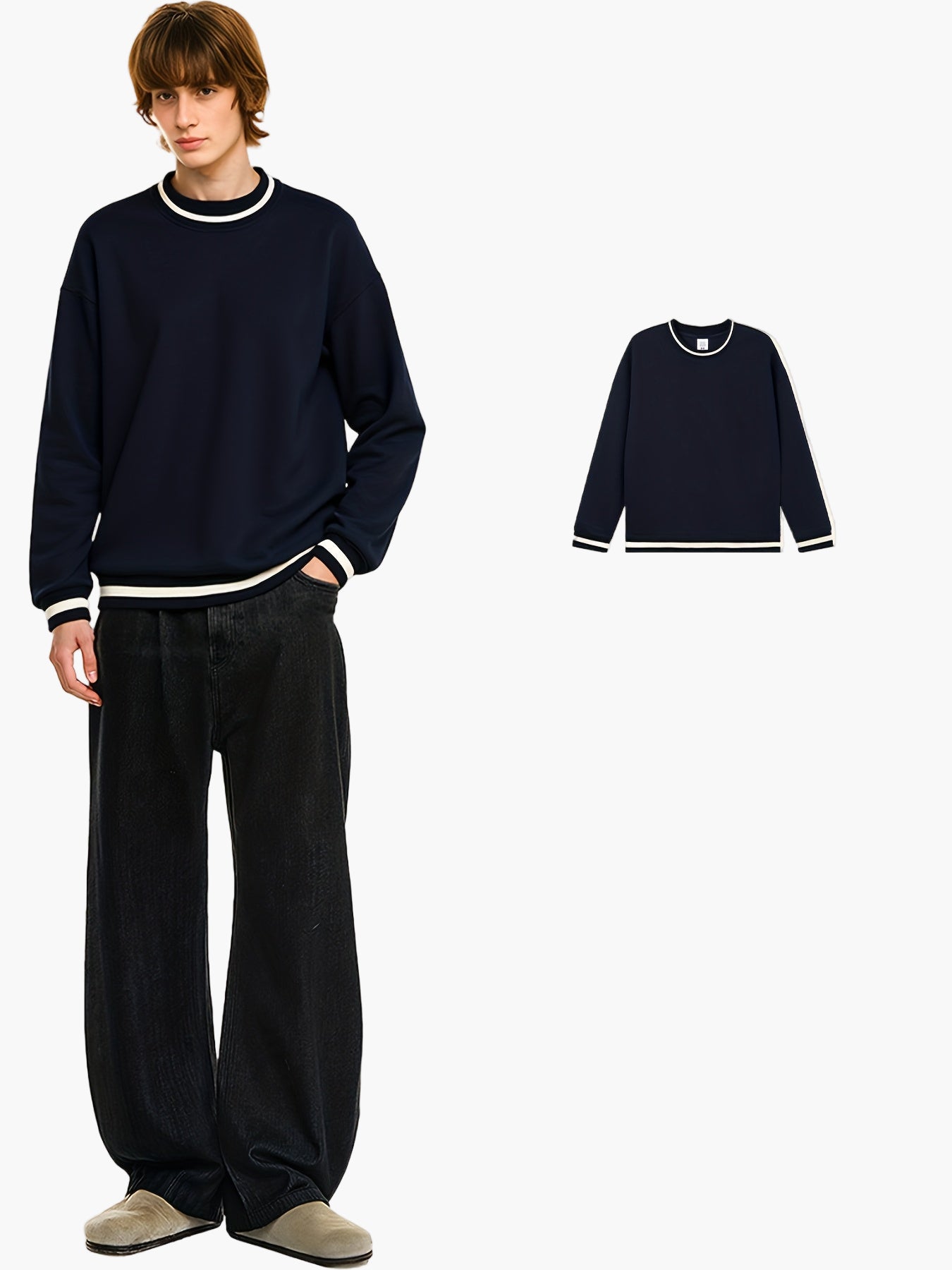 Herrstickad tröja med sportig ribbad krage – Avslappnad stil för höst och vinter