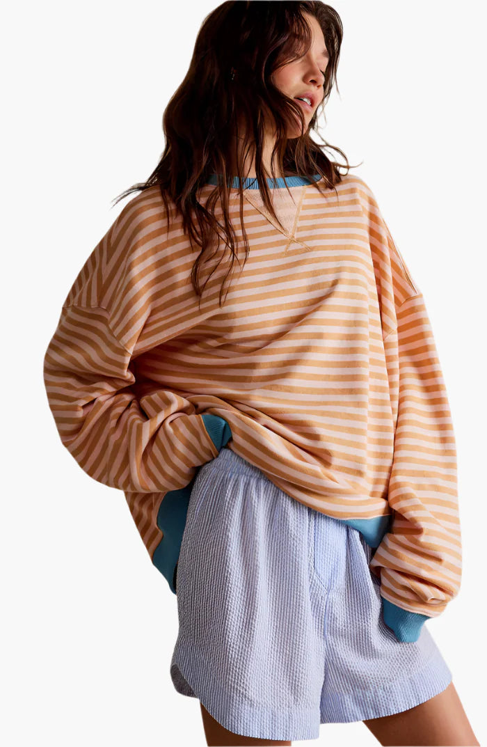 Damtröja Oversized Randig Sweatshirt för Höst – Avslappnad och Trendig Stickad Top