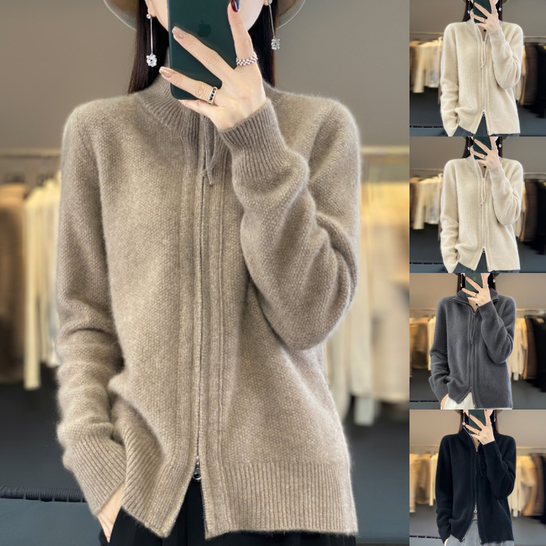 Dam Zip-Cardigan med Dragkedja – Elegant Stickad Tröja för Vardagsbruk och Arbete