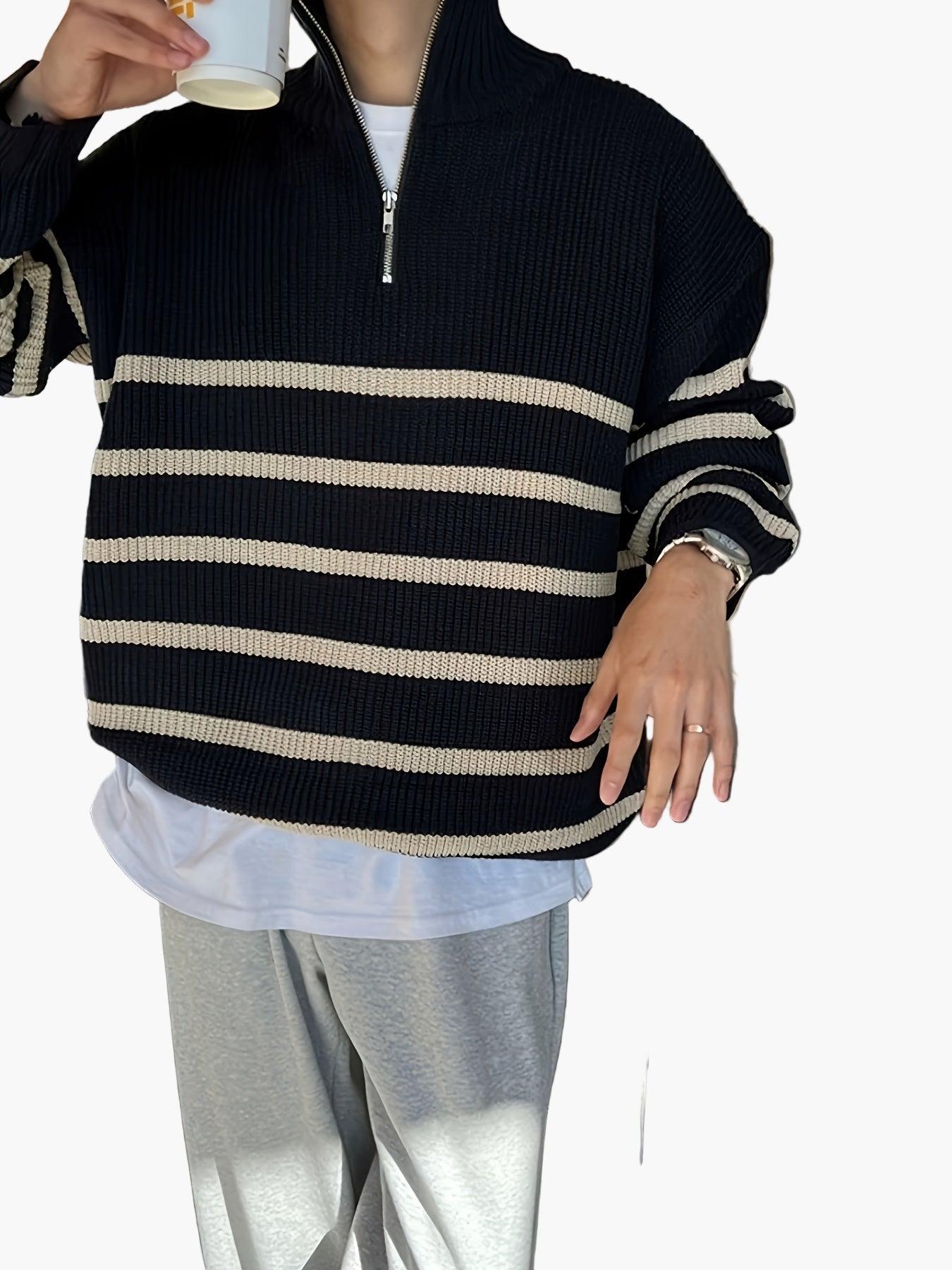 Herrtröja med dragkedja och randigt mönster – Avslappnad höst- och vinterstil