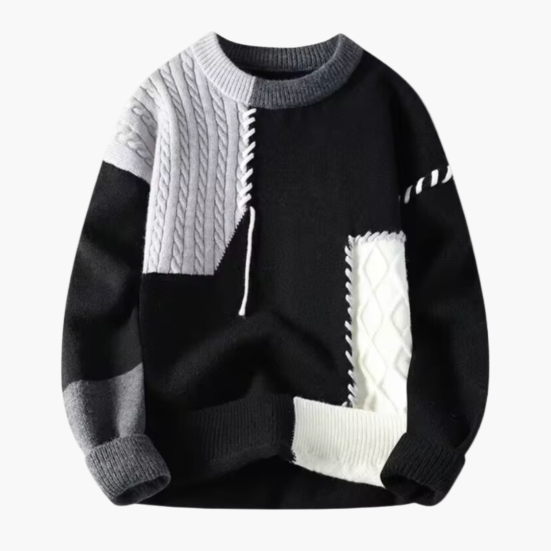 Herr Patchwork Stickad Tröja – Modern, Avslappnad och Varm för Höst & Vinter