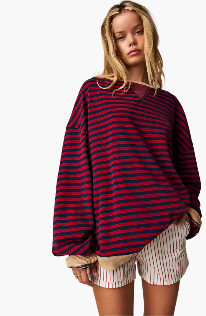 Damtröja Oversized Randig Sweatshirt för Höst – Avslappnad och Trendig Stickad Top