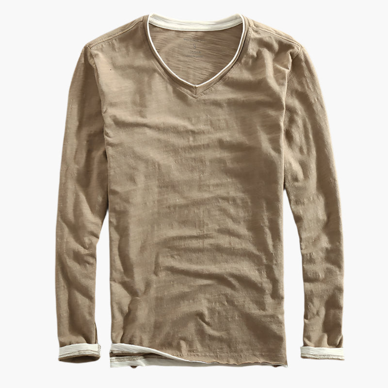 Herr långärmad V-ringad tröja med lager-på-lager-look – Smart-casual stil för vardagsbruk