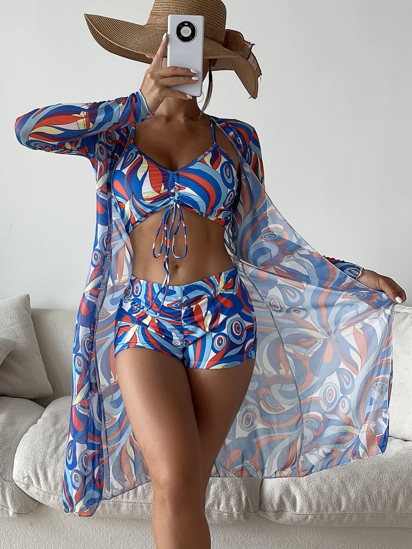 Catherine – 3-delad Bikinis med Långärmad Cardigan för Sommarstrand