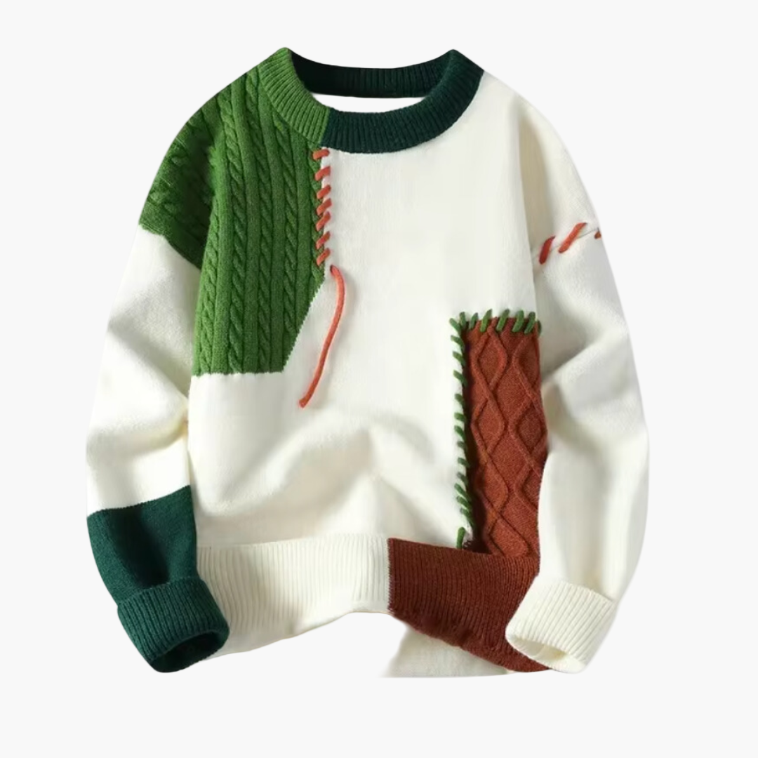 Herr Patchwork Stickad Tröja – Modern, Avslappnad och Varm för Höst & Vinter