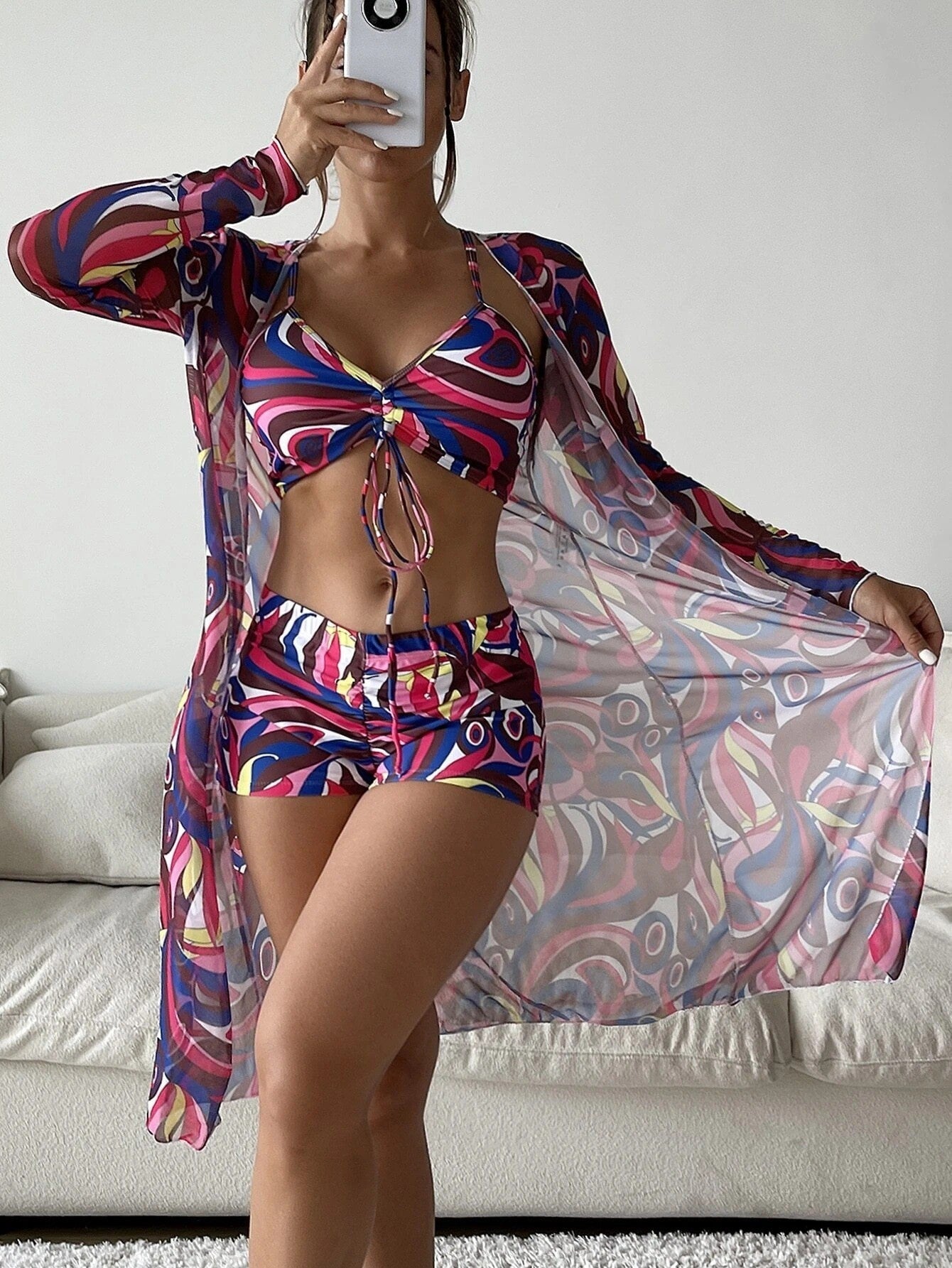 Catherine – 3-delad Bikinis med Långärmad Cardigan för Sommarstrand