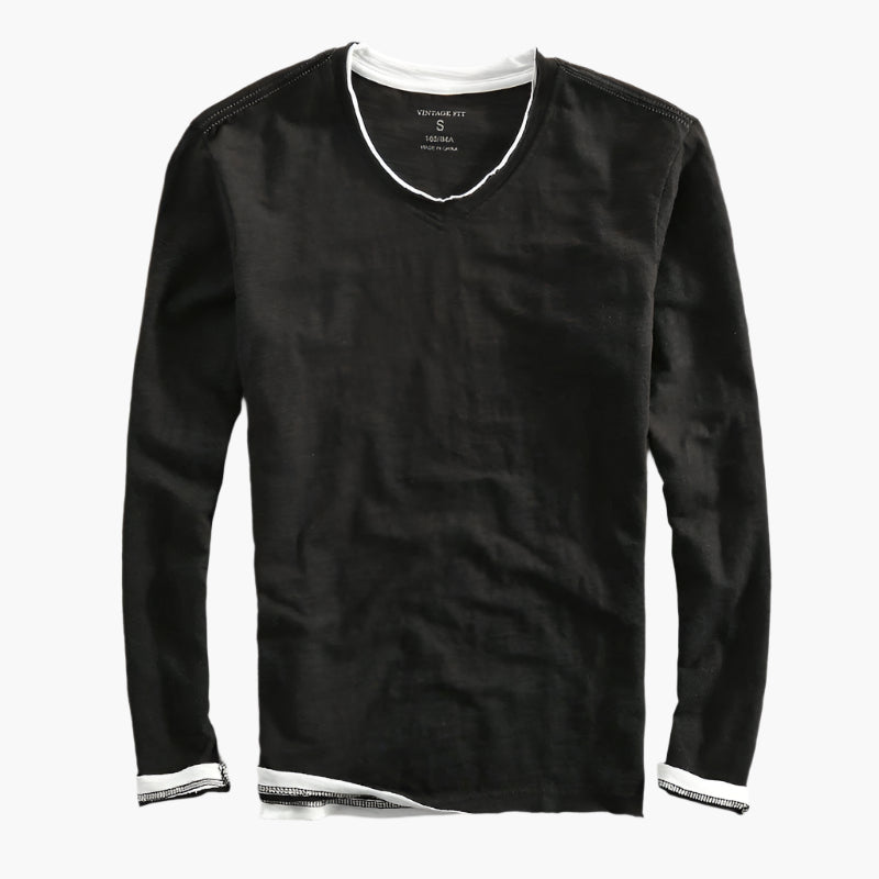 Herr långärmad V-ringad tröja med lager-på-lager-look – Smart-casual stil för vardagsbruk