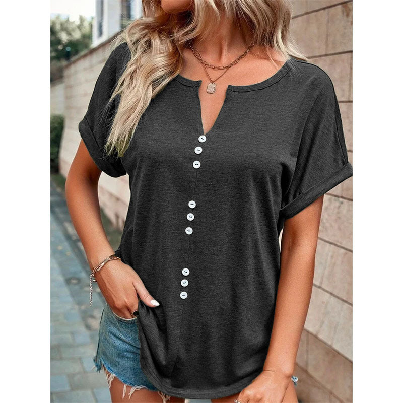 Barbara – V-ringad kortärmad blus med knappdesign