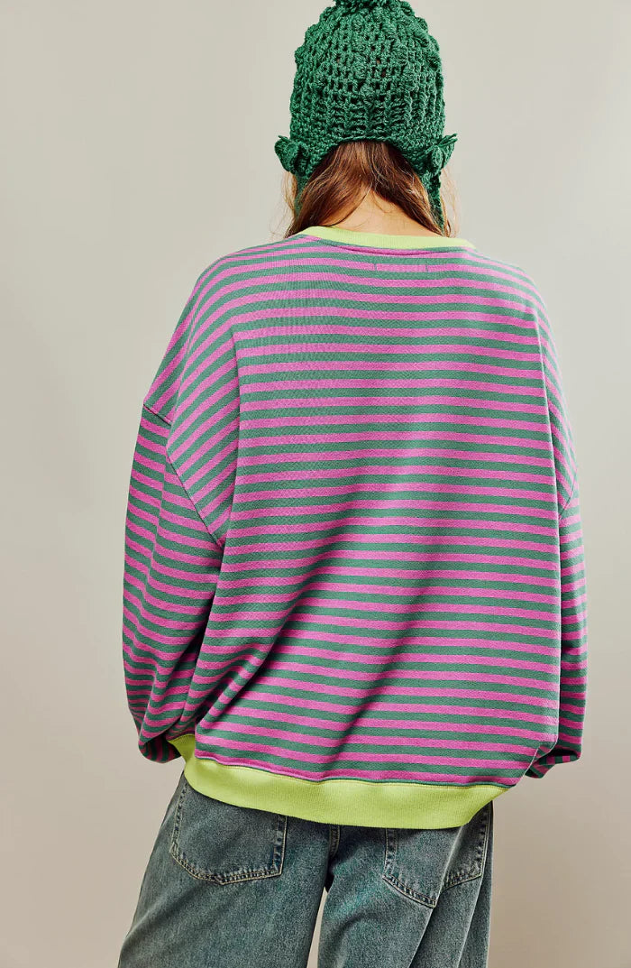 Damtröja Oversized Randig Sweatshirt för Höst – Avslappnad och Trendig Stickad Top