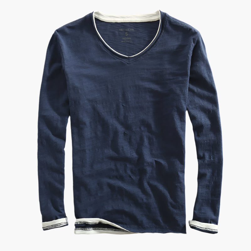 Herr långärmad V-ringad tröja med lager-på-lager-look – Smart-casual stil för vardagsbruk