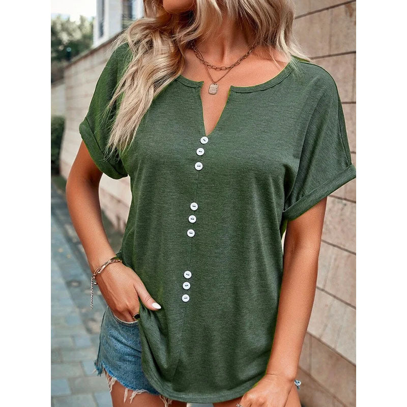 Barbara – V-ringad kortärmad blus med knappdesign