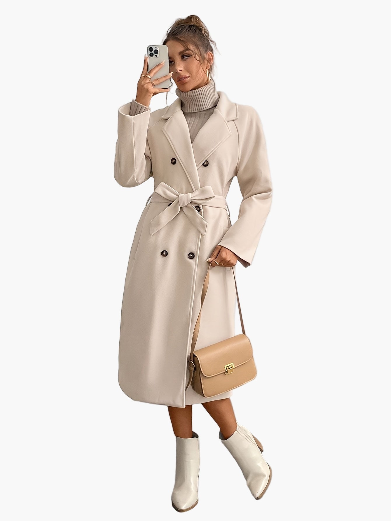 Damkappa – Elegant lång dubbelknäppt höstkappa med bälte för vardag och fest