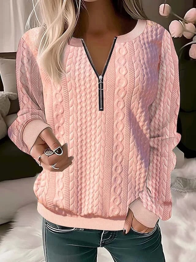 Sandra – Långärmad T-shirt med V-ringning och Dragkedja i Enfärgat