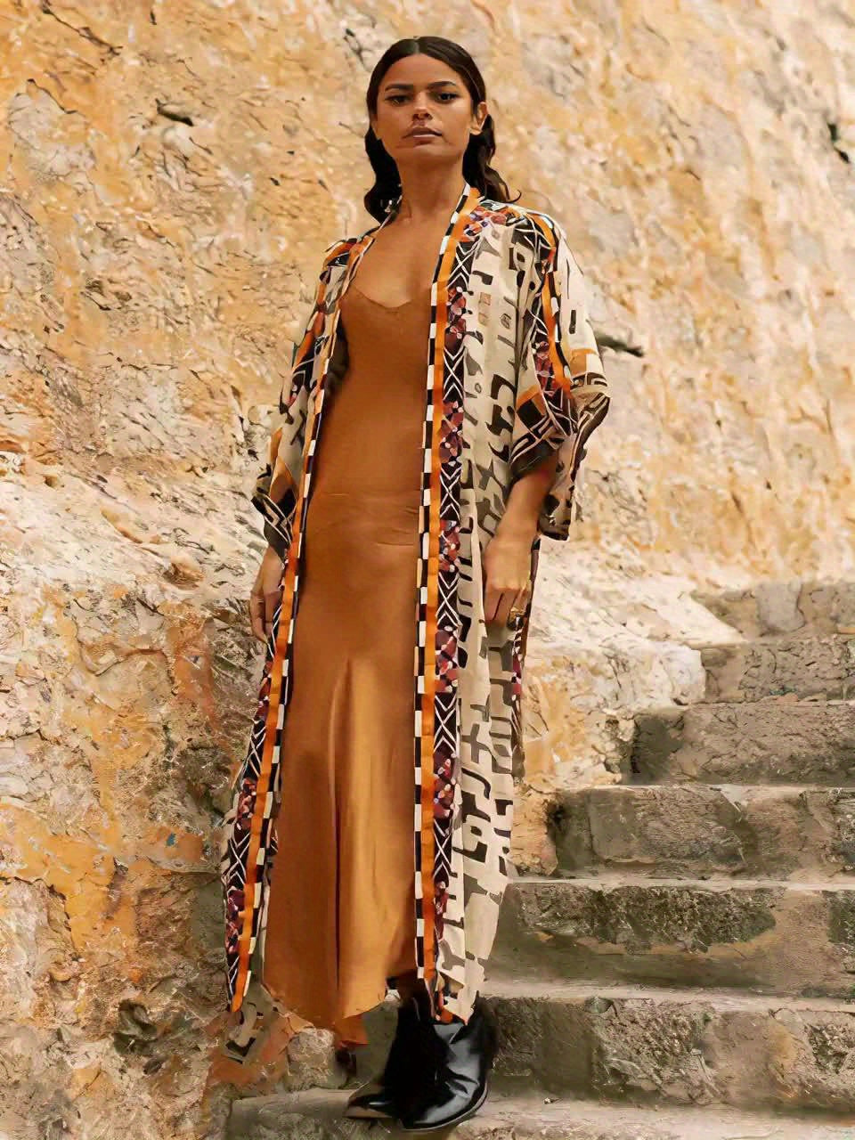 Dam Kimono Lång Bohemisk Strand Kaftan med Geometriskt Mönster – Elegant Sommarplagg