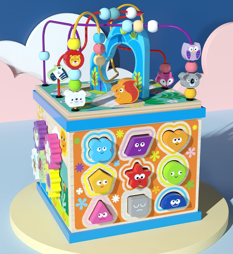 Pedagogisk aktivitetskubs leksak för barn – Utbildande multifunktionell träkub med bokstäver och former