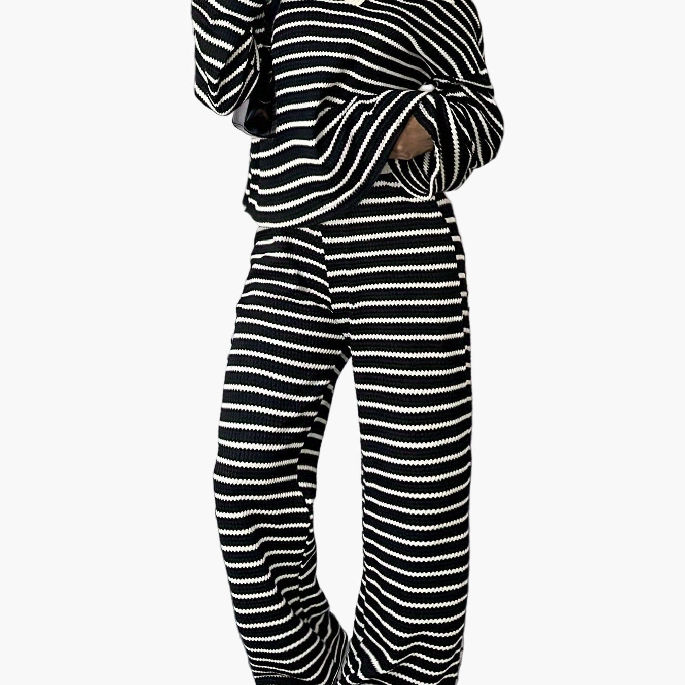 Dam Set Lounge Wear Randig Långärmad Tröja och Vida Byxor Bekvämt Höst/Vinter