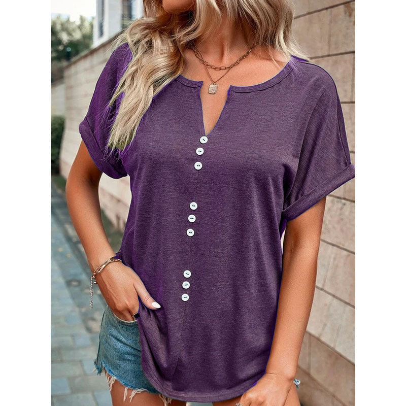 Barbara – V-ringad kortärmad blus med knappdesign
