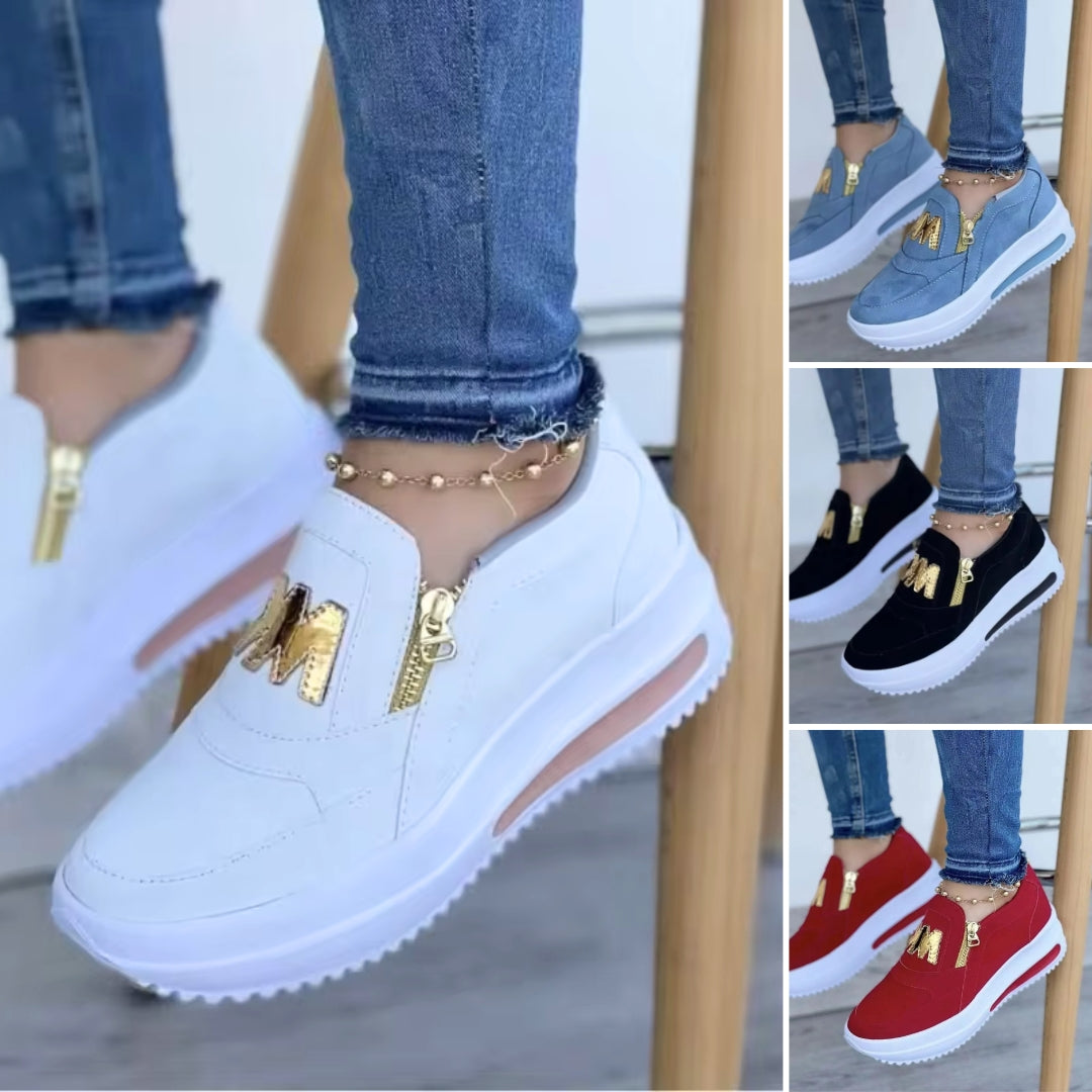 Sportiga Kvinnosneakers med Platåsula och Guldfärgade Dragkedjor – Sommar