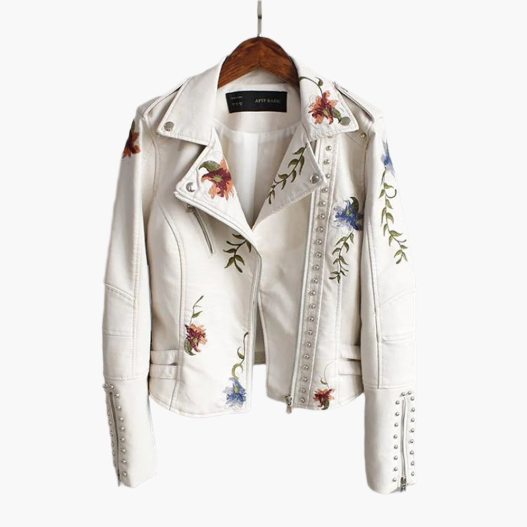 Damjacka med broderade blommor – Trendig bikerstil och elegant look
