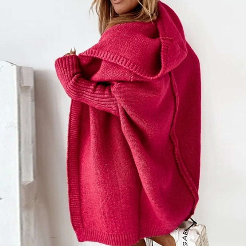 Dam Cardigan Oversize Stickad med Huva – Perfekt för Höst och Vinter, Mysig & Trendig