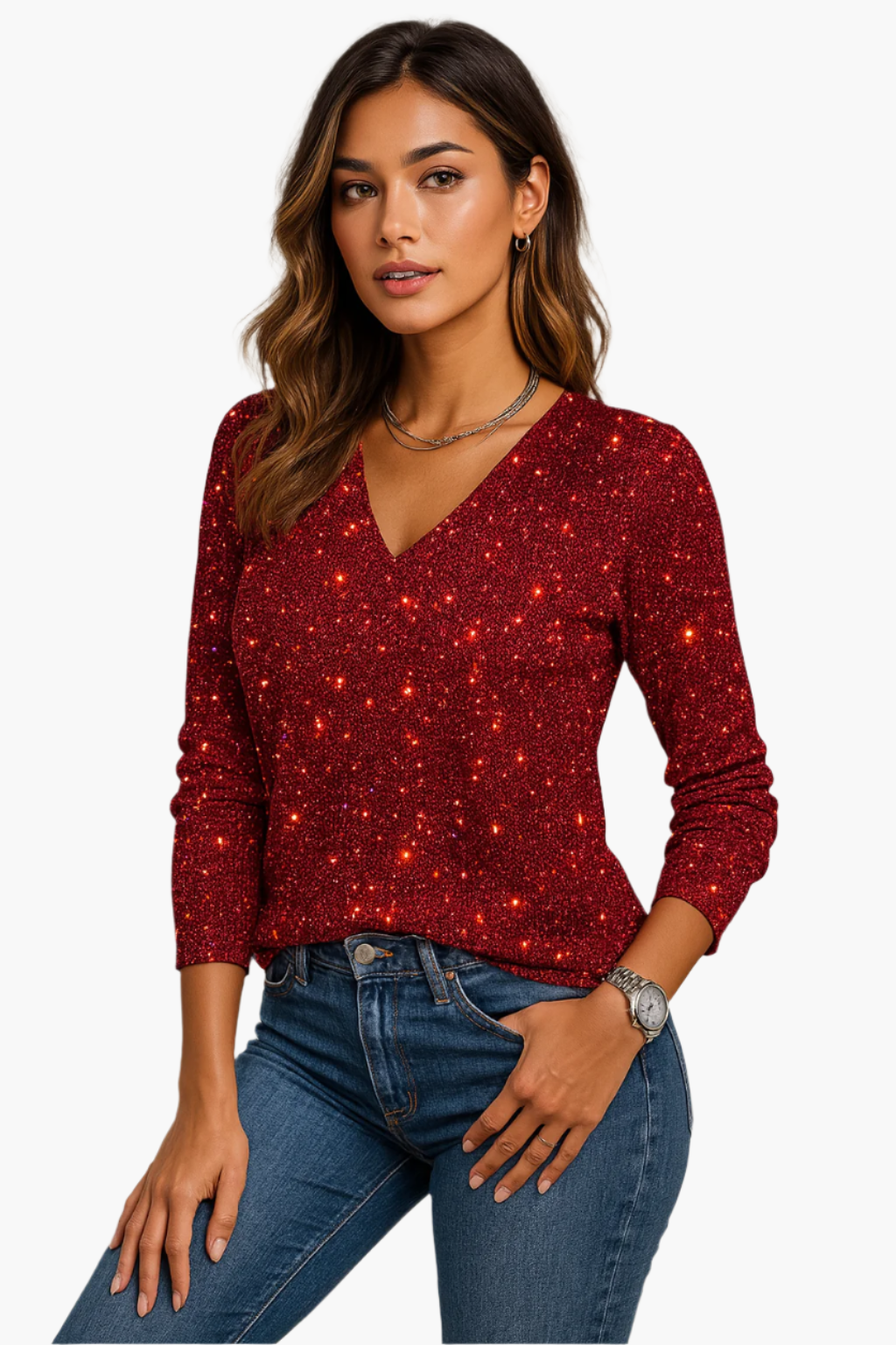 Dam V-ringad Glittrig Festtop – Elegant Party- och Kvällsblus