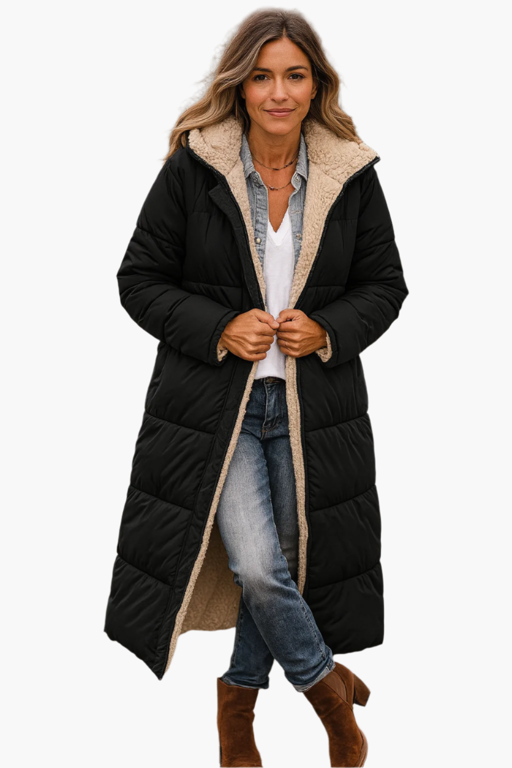 Dam Vinter Lång Pufferjacka med Teddyfoder – Elegant & Varm Vardagsstil