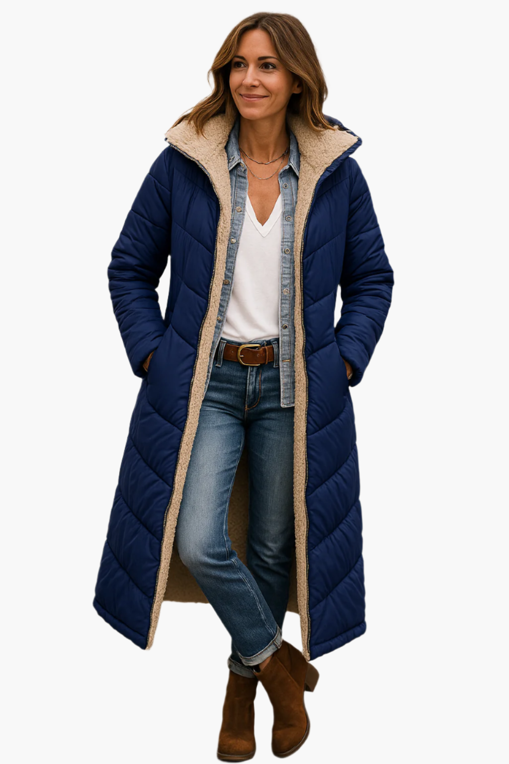 Dam Vinter Lång Pufferjacka med Teddyfoder – Elegant & Varm Vardagsstil