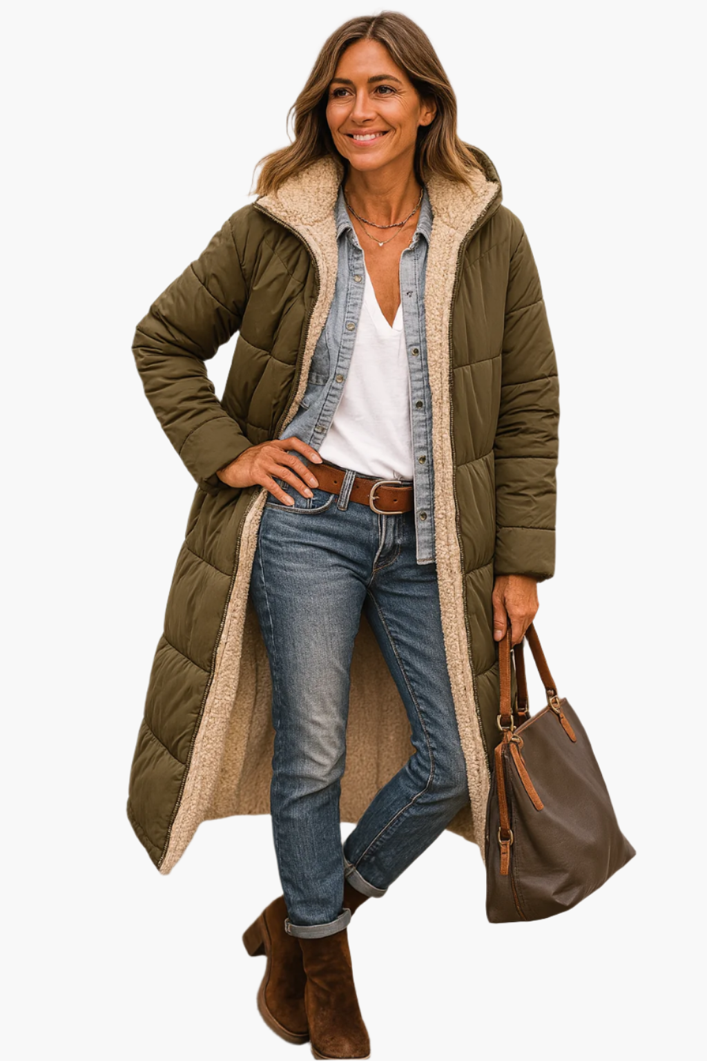 Dam Vinter Lång Pufferjacka med Teddyfoder – Elegant & Varm Vardagsstil