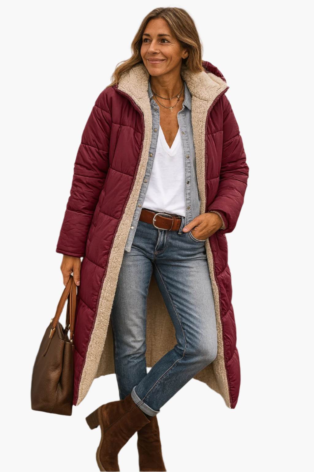 Dam Vinter Lång Pufferjacka med Teddyfoder – Elegant & Varm Vardagsstil