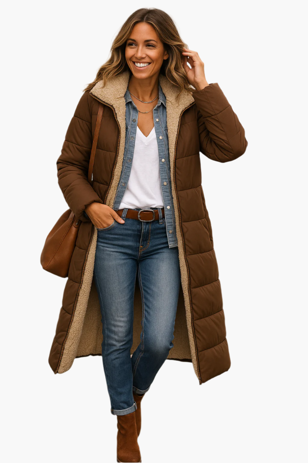 Dam Vinter Lång Pufferjacka med Teddyfoder – Elegant & Varm Vardagsstil