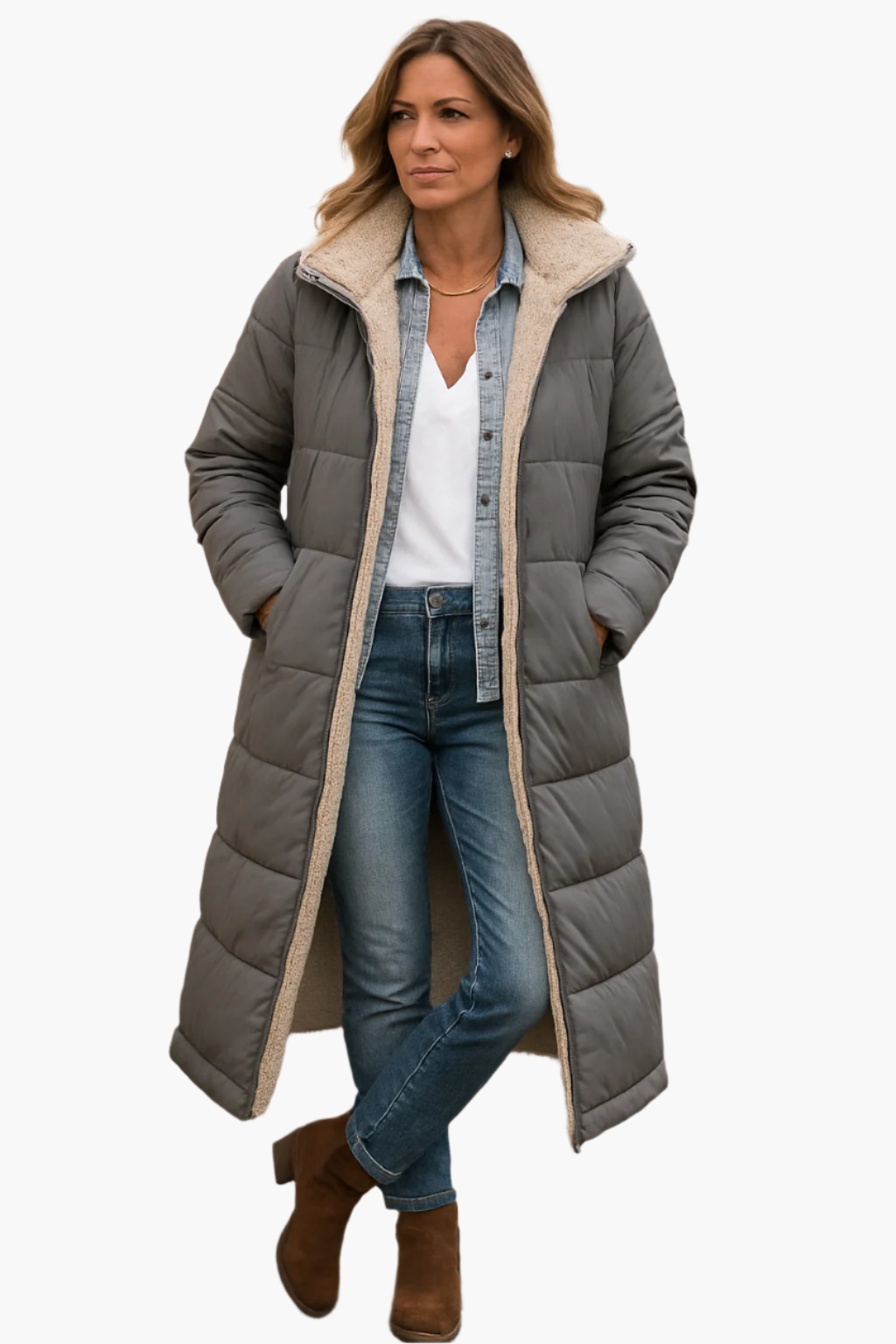 Dam Vinter Lång Pufferjacka med Teddyfoder – Elegant & Varm Vardagsstil