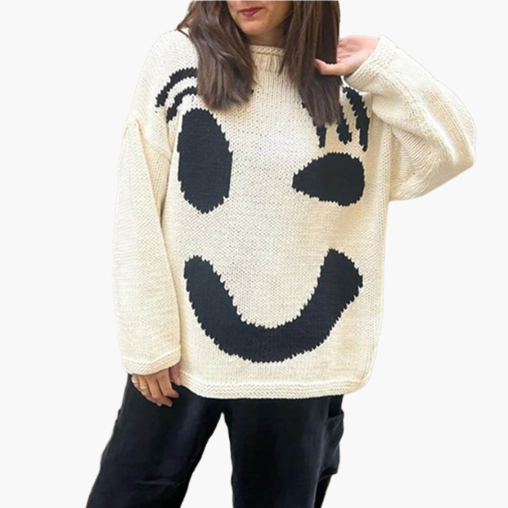 Unisex stickad tröja med konstnärligt smiley-motiv för avslappnad stil och vardagskomfort