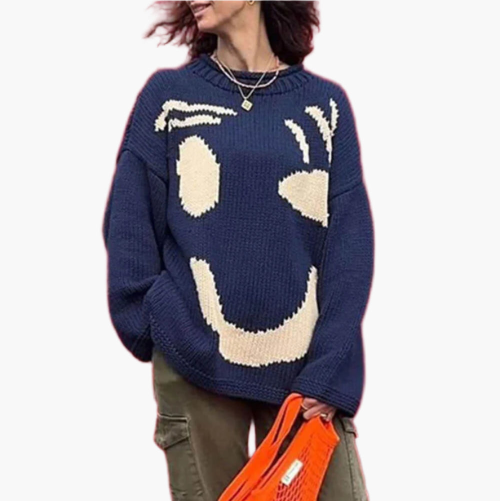 Unisex stickad tröja med konstnärligt smiley-motiv för avslappnad stil och vardagskomfort