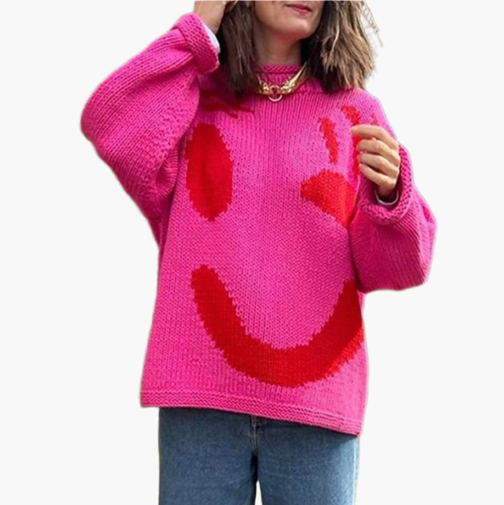 Unisex stickad tröja med konstnärligt smiley-motiv för avslappnad stil och vardagskomfort