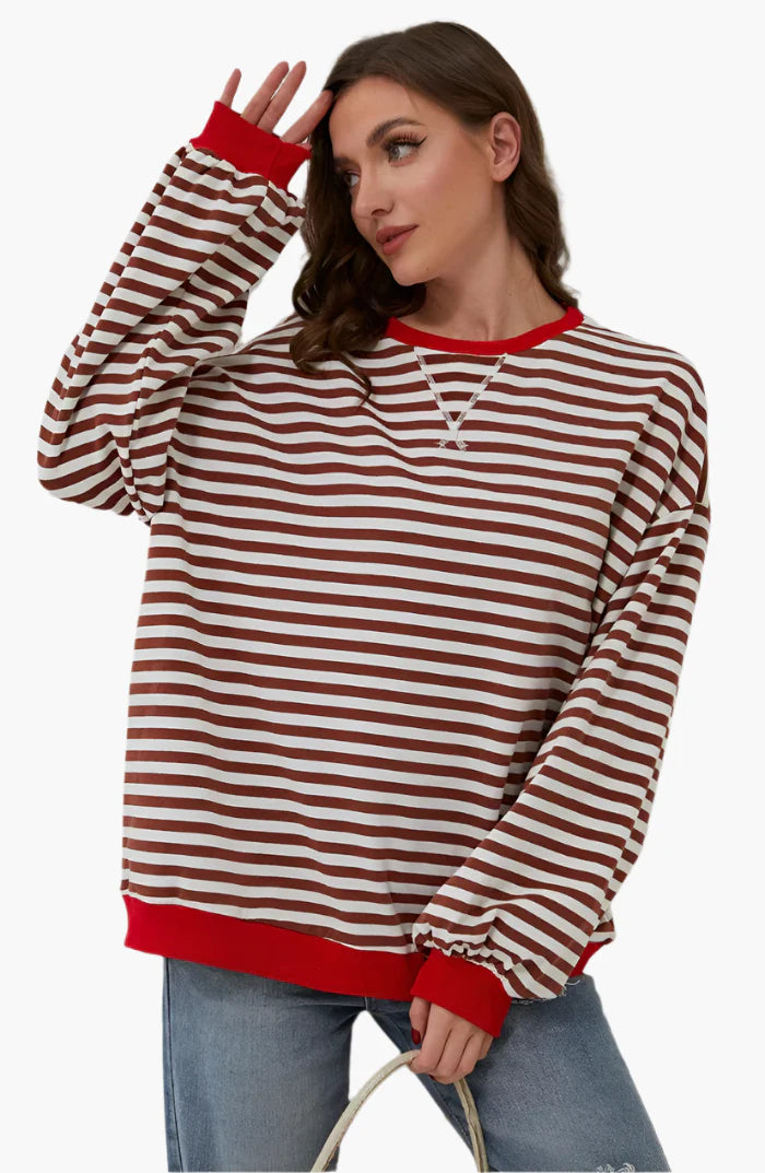 Damtröja Oversized Randig Sweatshirt för Höst – Avslappnad och Trendig Stickad Top