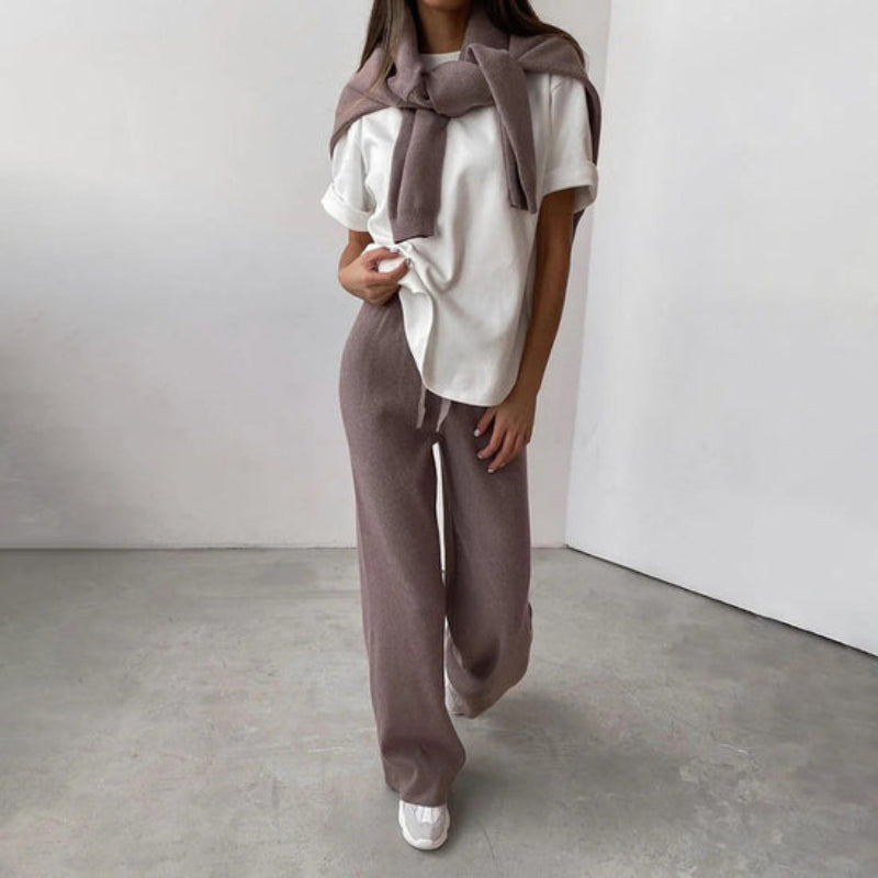 Dam Lounge-set Stickad Polotröja och Byxa – Bekväm och Elegant Mysoutfit