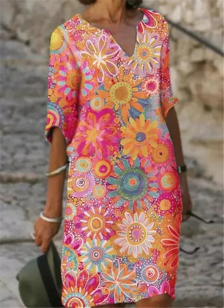 Christina – Konstnärlig Bambuklänning med V-ringning