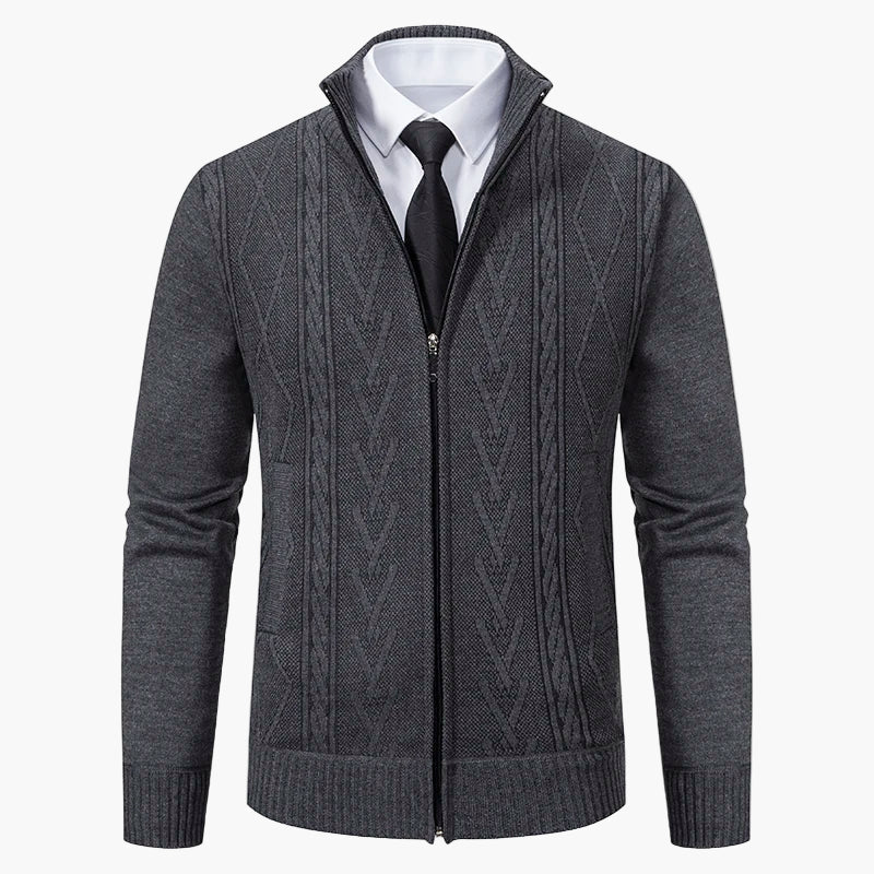 Herrstickad zip-tröja – elegant kabelmönstrad cardigan för vardag och kontor