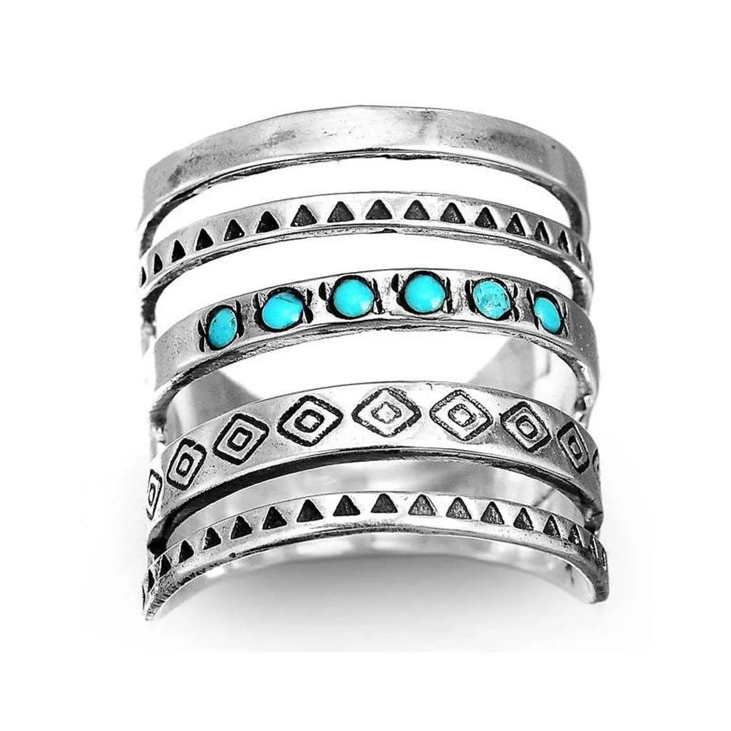 Amanda – Bohemisk Multi-Band Ring med Turkos Detaljer – Vintageinspirerad Etnisk Design