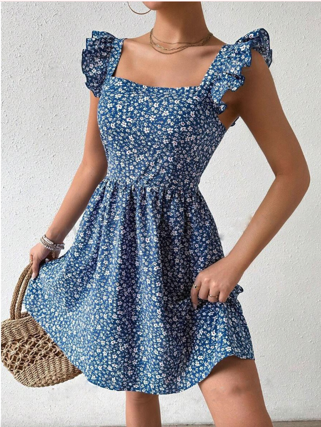 Leanne – Blommig Volang Sommarklänning Korta Ärm Off Shoulder Mini Klänning Strand