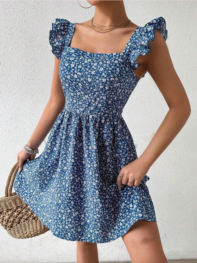 Leanne – Blommig Volang Sommarklänning Korta Ärm Off Shoulder Mini Klänning Strand