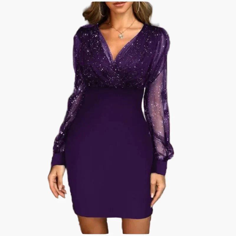 Damklänning för fest – Elegant kort klänning med glittriga transparenta ärmar, perfekt för fest och kvällsbruk
