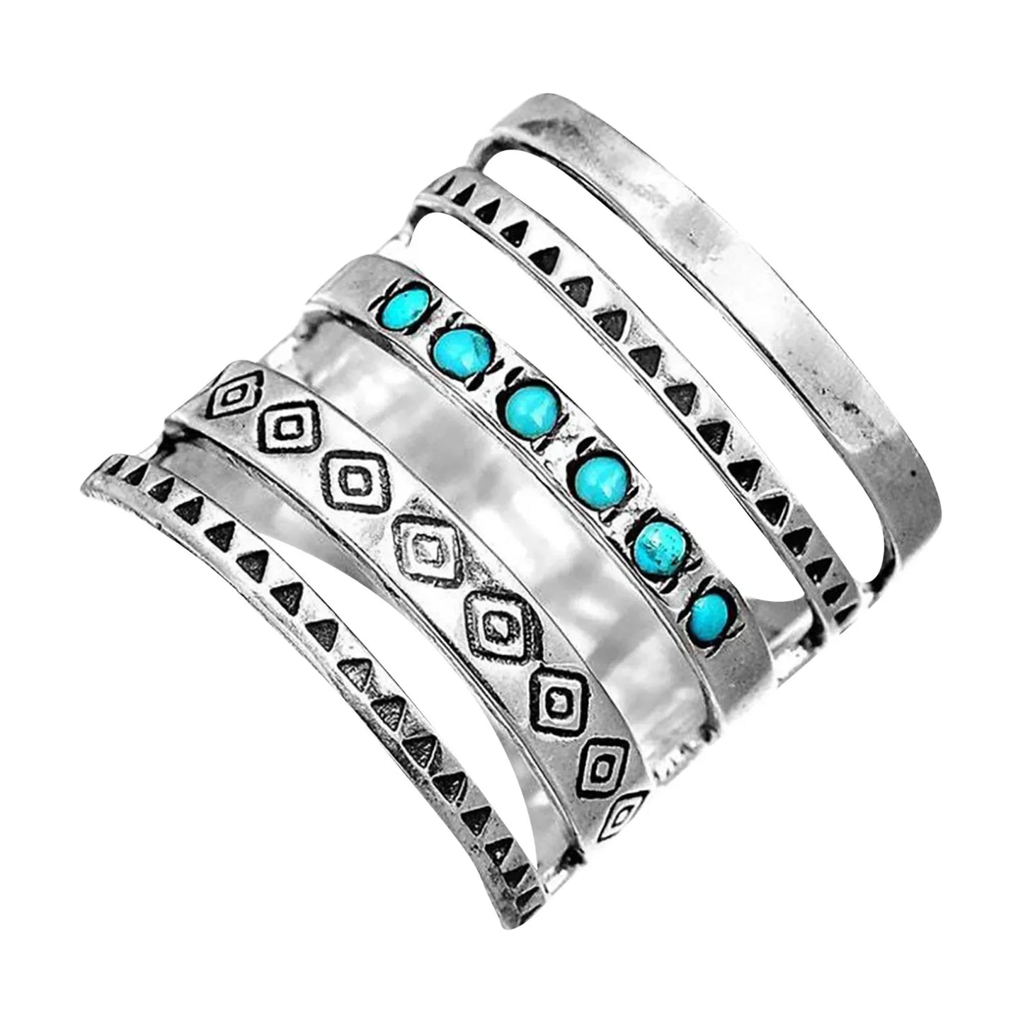 Amanda – Bohemisk Multi-Band Ring med Turkos Detaljer – Vintageinspirerad Etnisk Design