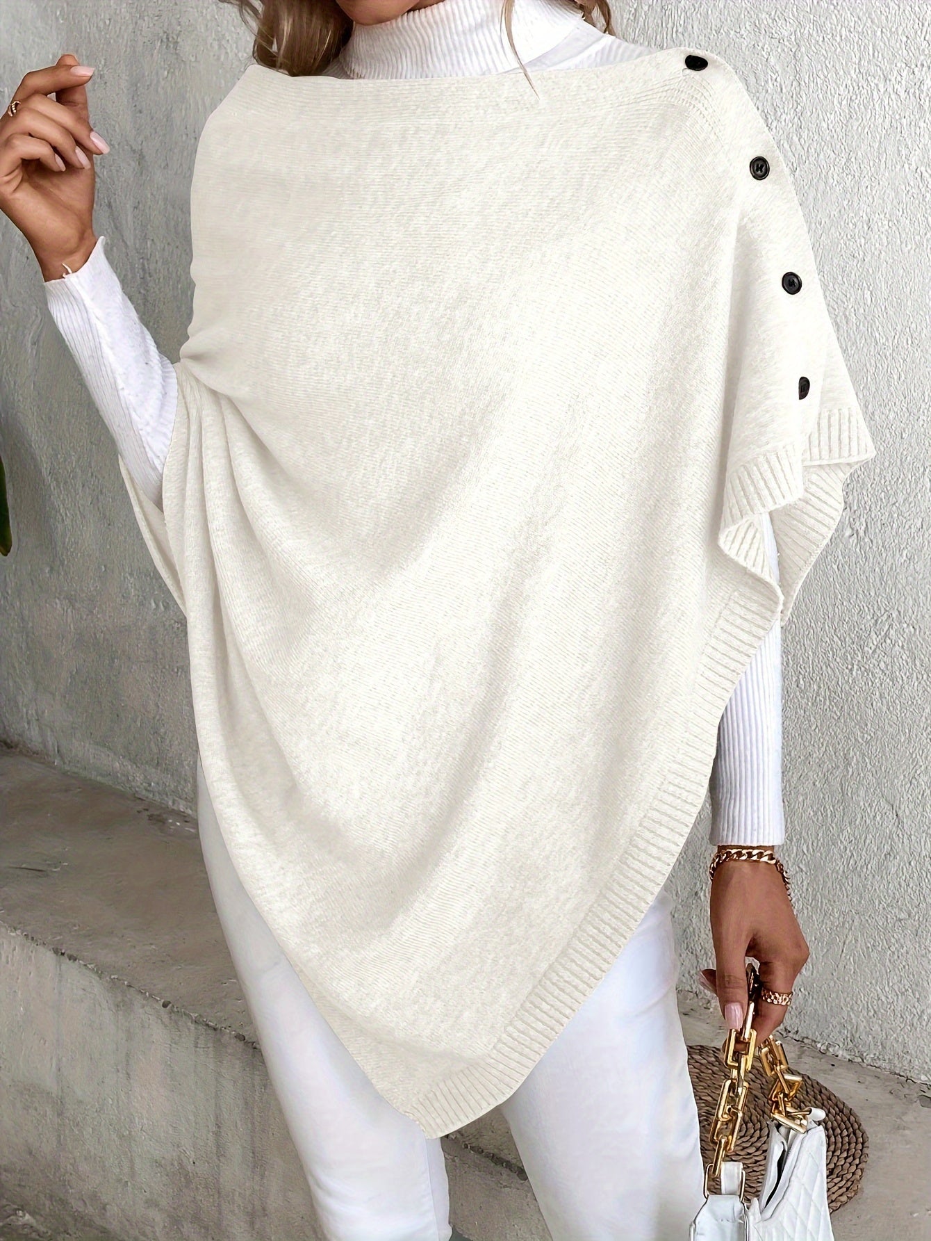 Dam Ponchokappa med Knappar – Elegant Stickad Vår & Höst Stil