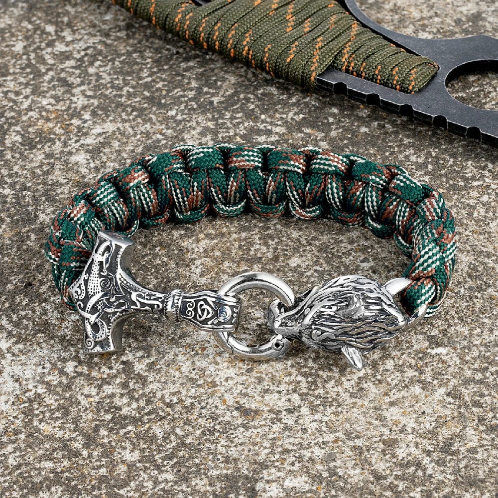 Barry – Paracord Armband med Tors Hammare och Varg Huvud