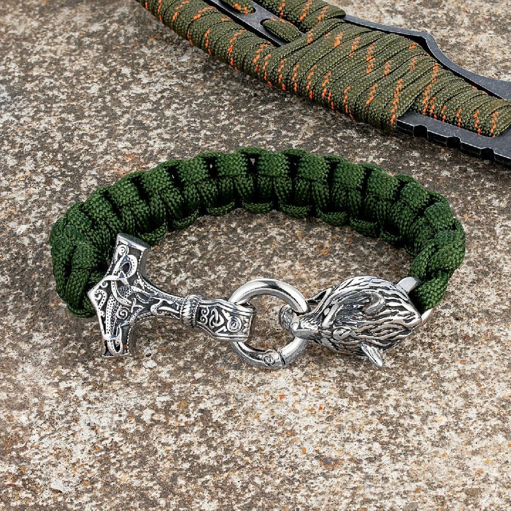 Barry – Paracord Armband med Tors Hammare och Varg Huvud