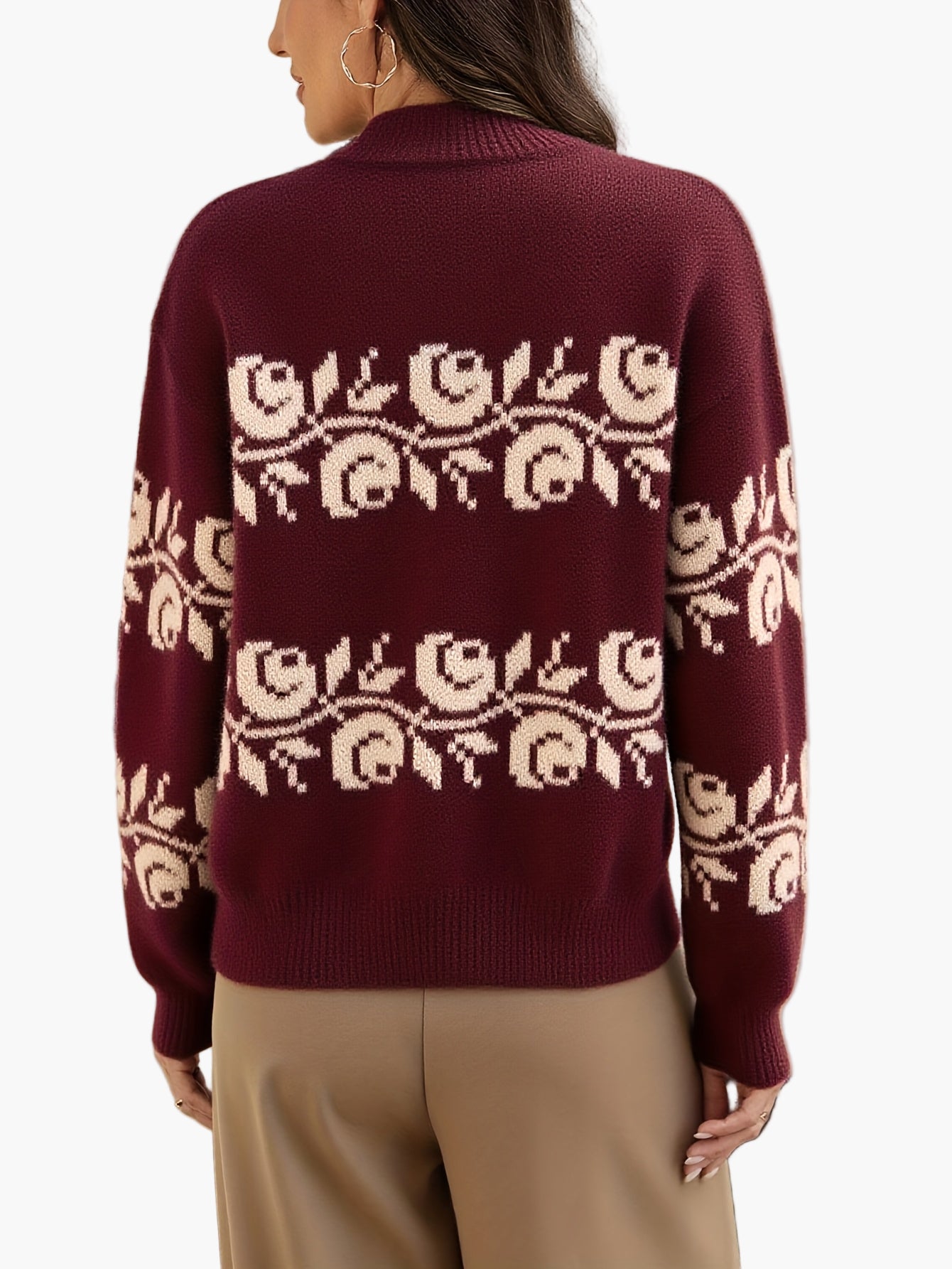 Damtröja Elegant Blommig Jacquard Stickad Pullover för Höst/Vinter