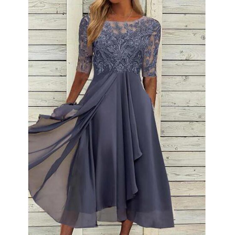 Melanie – Chiffon Klänning med Spets och Hålmönster