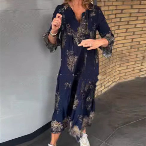 Stephanie – Bohemisk Klänning med Tryck och Knappar