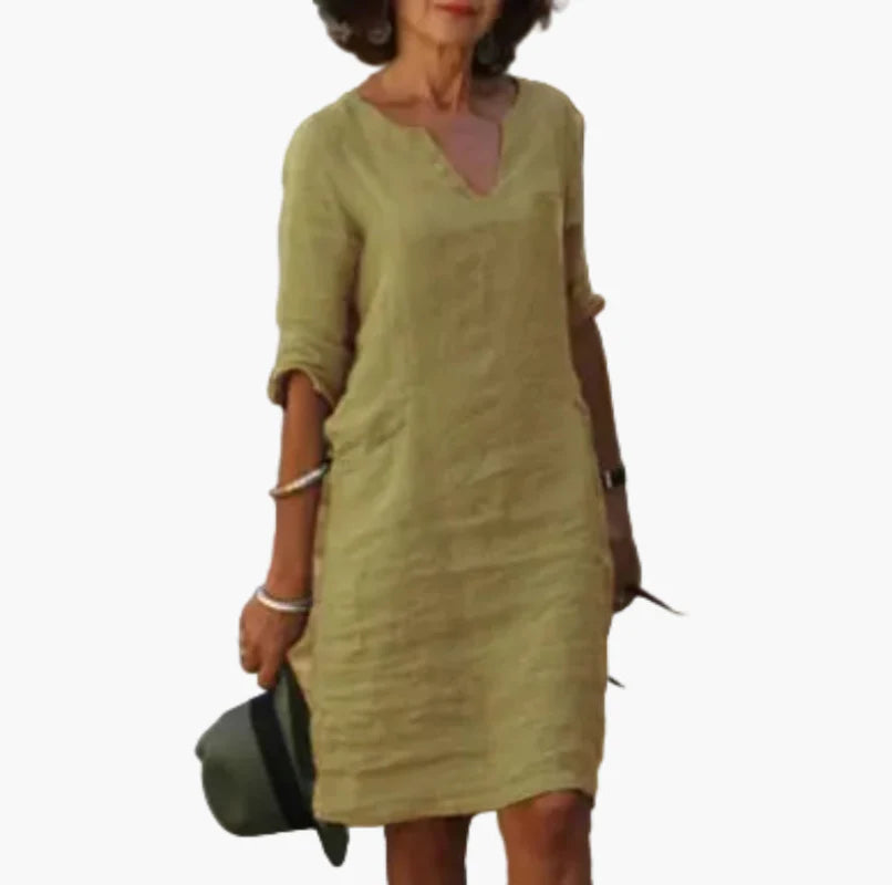 Damklänning med V-ringning och 3/4-ärm – Elegant vardags- och festklänning